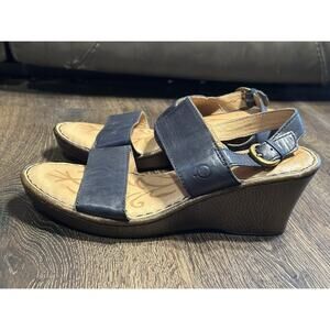 Born Daisy Wedge Sandal Women's Leather Double Strap Slingback 9.5 navy blue